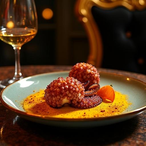 A photo of two roasted octopus tentacles on puree in a gold baroque dish. The dish includes roasted pumpkin slices and turmeric powder. The octopus has a roasted hue with a glistening texture. Soft ambient lighting enhances the scene, creating richness. The setting is a sophisticated baroque restaurant with elegant chairs and dark background for contrast.