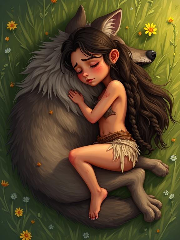 Cinematic view from above of a young tribal huntress embracing a large wolf in a meadow. The huntress lies on her back, hugging the wolf's head with her hands. She has long messy braided hair and wears a torn loincloth. The scene captures a beautiful friendship after a fight. The huntress has a tanned shiny skin. The wolf has an open toothy muzzle and is lying calmly with the huntress.