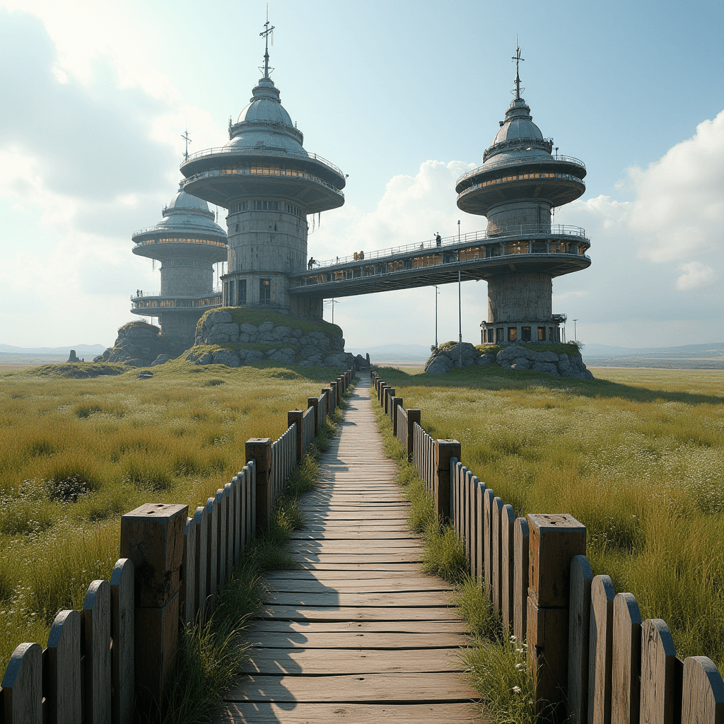 Two modern, circular towers connected by a walkway stand amidst a vast, grassy field under a bright sky.