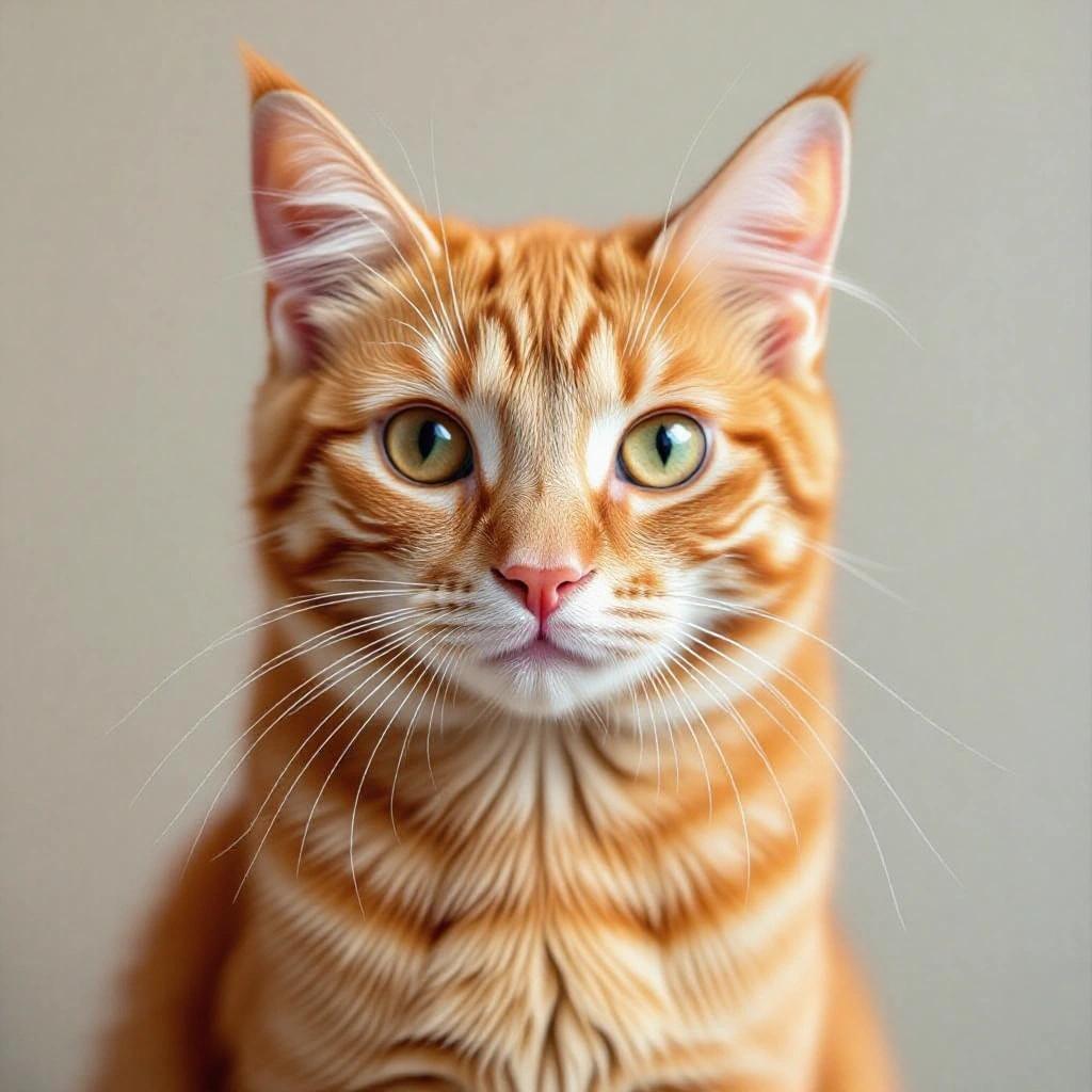 An orange cat with striking green eyes sitting against a neutral backdrop. Its fur has detailed patterns. A close-up portrait showcasing its friendly expression.