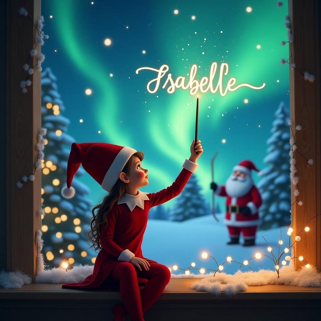 The scene captures a whimsical holiday moment where an elf on the shelf is seen from behind. She is dressed in a red outfit and is magically writing the name 'Isabelle' in sparkling light against a stunning backdrop of the northern lights. In the background, Santa Claus is visible, adding to the Christmas charm. The window decor includes soft, twinkling lights, enhancing the enchanting feeling. This image evokes a sense of wonder and holiday spirit, perfect for a festive atmosphere.