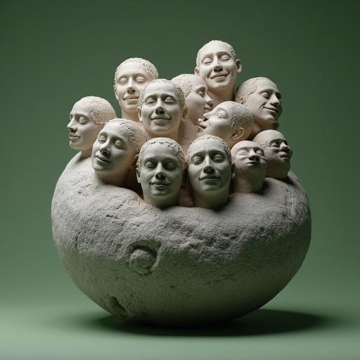 Spherical stone sculpture filled with realistic smiling stone statues. Statues depict diverse faces. Soft lighting with a green background. Composition features asymmetrical arrangement and random orientations.