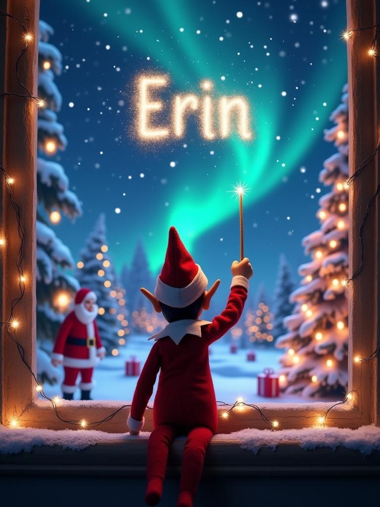 A cozy interior with a window shows an elf on the shelf. The elf faces the night sky. The elf uses a wand to write the name Erin in sparkling letters. The background is a magical Christmas scene. Northern lights illuminate the snow-covered trees. Santa Claus is faintly visible in the distance. The scene is decorated with twinkling lights and presents.