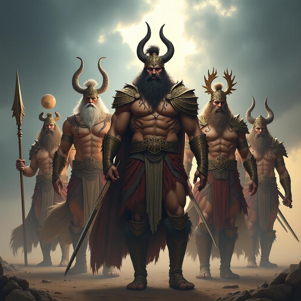 Group of powerful warrior gods in battle attire with weapons. Central figure prominently displayed. Horns on helmets add mystique. Dramatic backdrop emphasizing strength.