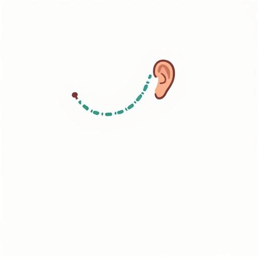 Flat vector illustration of a stylized ear on the right side and a curved hand or mouth silhouette on the left side. A dotted turquoise line connects them. Solid white background with no facial features.
