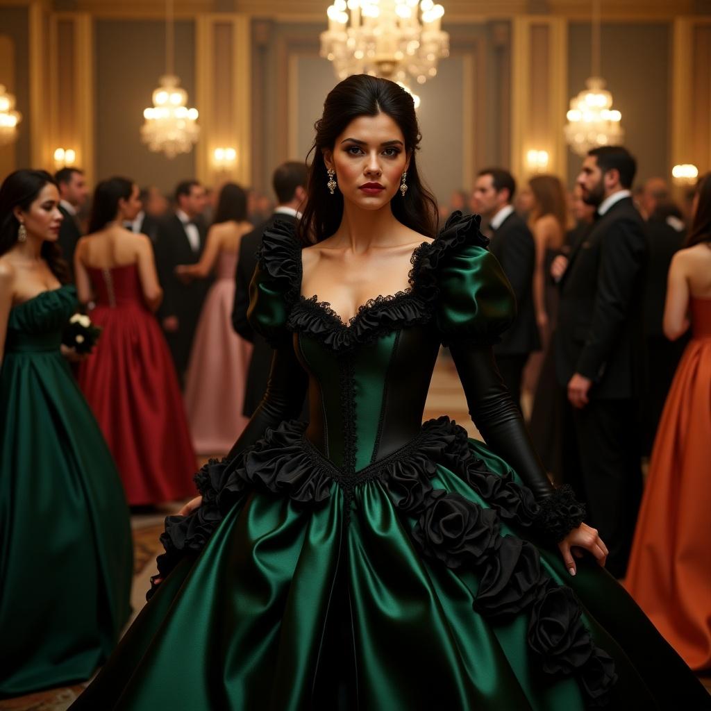 Victorian mansion interior at a formal reception with multiple guests in elegant attire. A woman stands wearing a stunning Victorian gown, lavish decorations, puffed sleeves, and a flowing skirt. The gown features glossy black and emerald satin. The setting is opulent with chandeliers and rich decor.