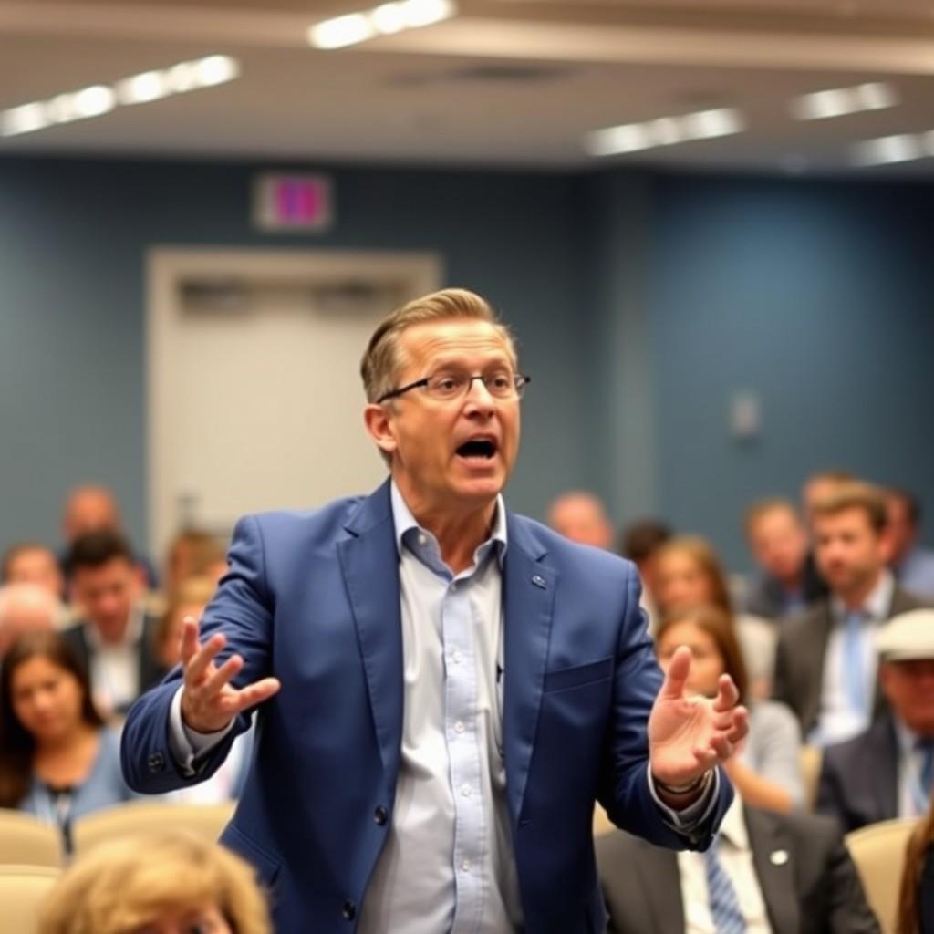 A passionate speaker engaging an audience during a formal event.