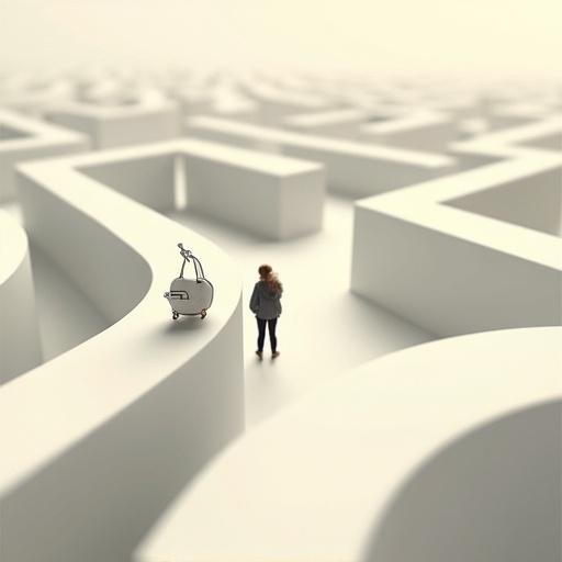 Bird's eye view of a tiny human lost inside a maze. Surreal, minimalist illustration style with oversized objects. Vast negative space and clean background. Elegant composition with subtle grain texture. Modern poetic tone.