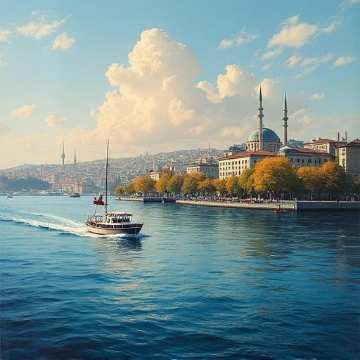 Bosphorus with a boat visible. Style reflects Leonard Koscianski's painting technique. Scenic cityscape in Istanbul.