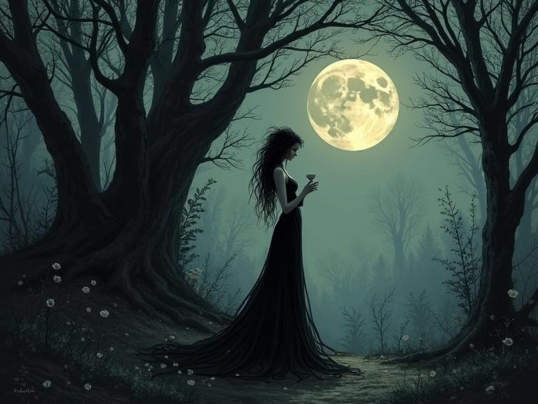 A gothic female figure stands in a dark forest. She holds a glass while surrounded by tall trees. A full moon illuminates the scene. The mood is mysterious and magical. Artwork resembles storybook illustrations from dark fairy tales.