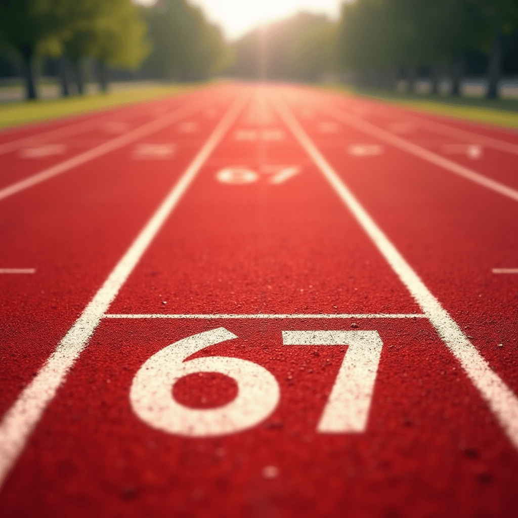 A vibrant red running track with the number 67 marked in white, set in the golden glow of sunrise, flanked by lush green trees.