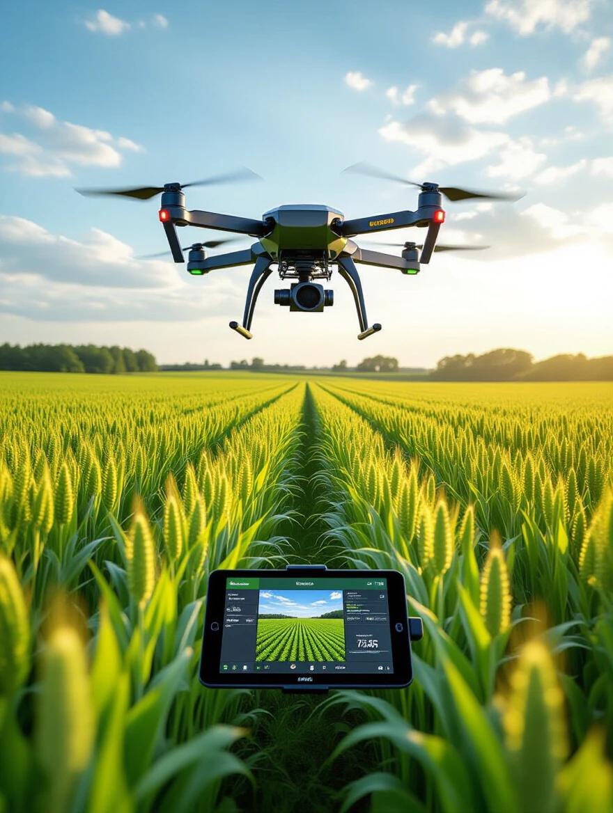 Drone hovers over lush green field. Advanced AI interface on control screen. Displays real-time data on crop yield health metrics. Tall plants sway in wind. Bright sunny sky with scattered clouds. AI dashboard shows growth rate disease detection. Bird's-eye view of landscape.