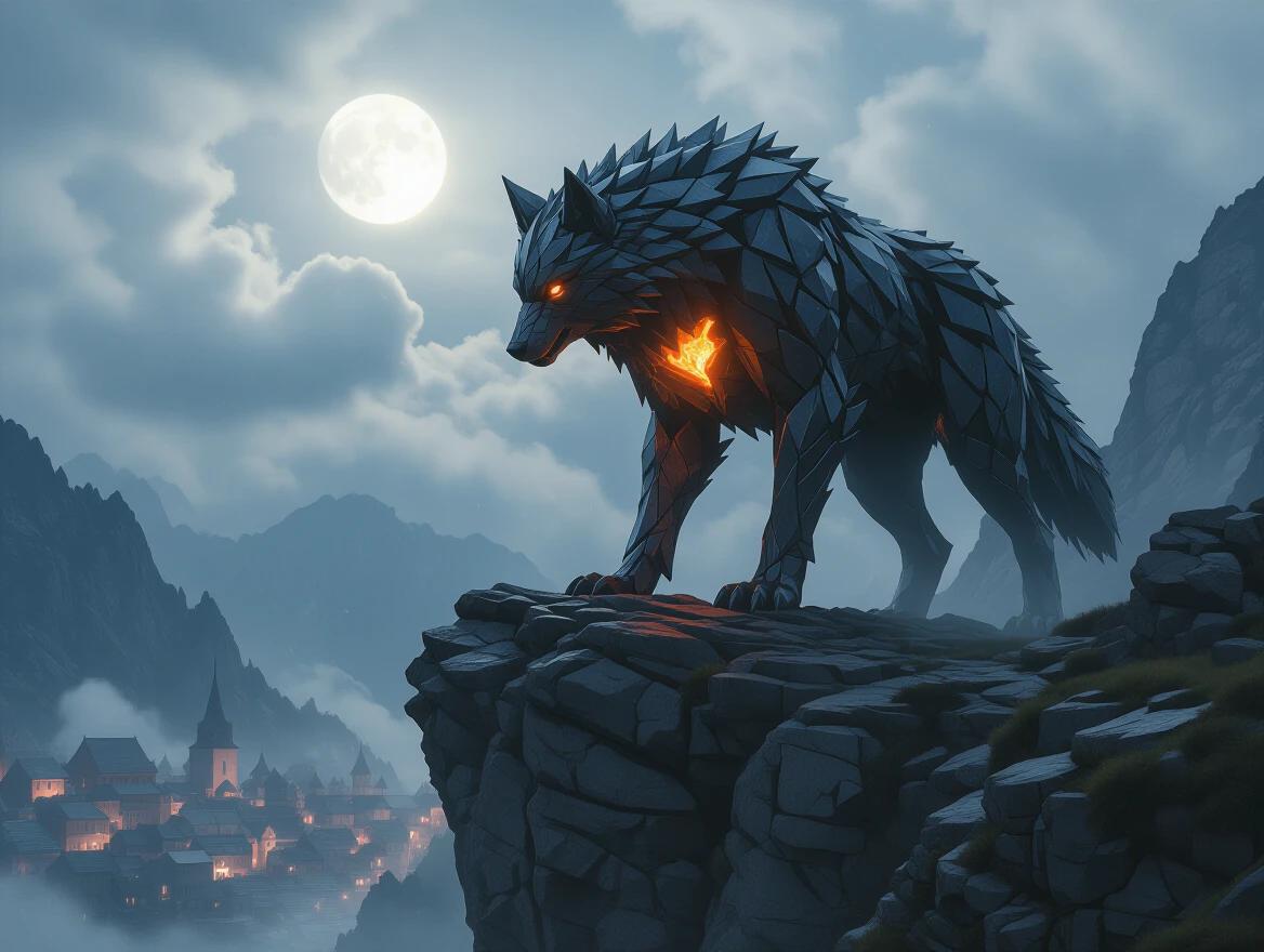 Massive wolf made of shattered crystal and iron. Perched on cliff above village. Stormy skies with moonlight. Glowing core in chest. Fur-like shards. Ultra-detailed. Dramatic lighting. Soft fog. Sharp focus.