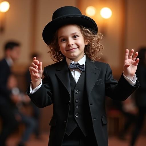 A joyful Jewish Hasidic boy with sidelocks in a formal suit. The boy is dancing and smiling. Background features a festive atmosphere with blurred figures.