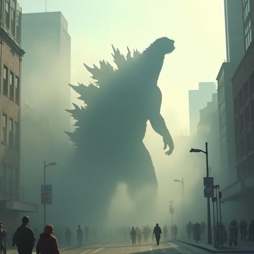 A giant 300 ft tall Godzilla silhouette looms over a city street. The monster is partially obscured by thick fog and smoke. People stand on the street, looking up in awe. Sun rays break through the fog, creating a dramatic scene with realistic textures and details.