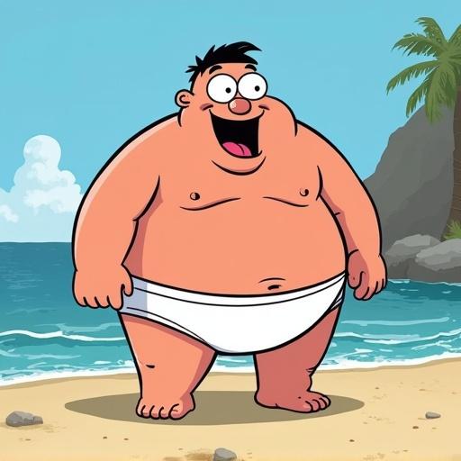 A cartoon character stands happily on a sunny beach. Character is overweight with a big smile. Wearing white swimming trunks. Ocean waves and palm trees in the background. Cartoon style with bright colors.