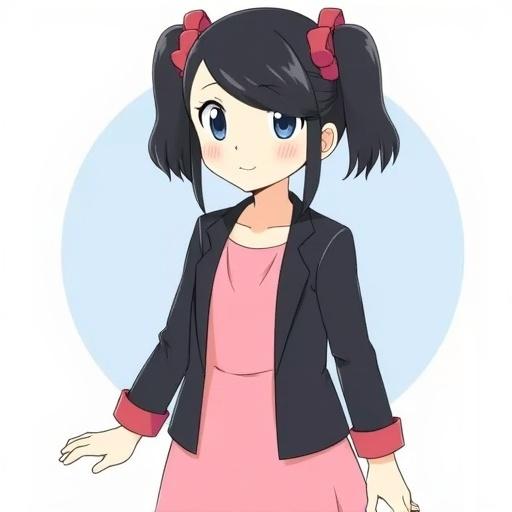 Illustration of a young girl with black hair and bangs. She has pigtails tied with red ribbons. Wears a black jacket over a pink dress. Background is a soft blue circle.