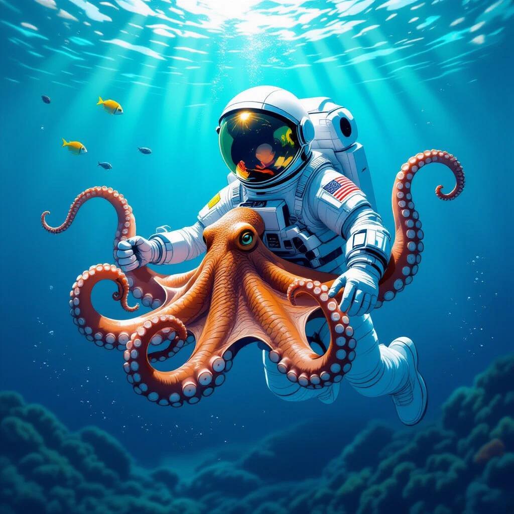 An octopus wearing an astronaut suit swims among the ocean. The octopus has vibrant orange tentacles. An astronaut helmet covers the head of the octopus. Sunlight beams filter through the ocean. Colorful fish swim in the background.