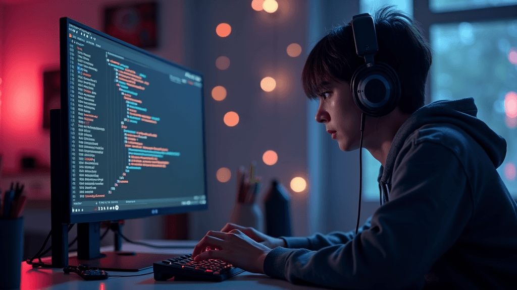 A person intently coding at a computer in a dimly lit room, wearing large headphones and surrounded by a warm, ambient glow from string lights.