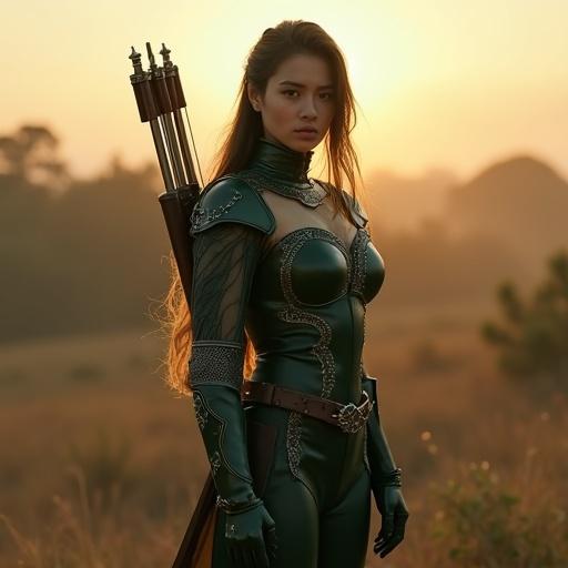 Female scout named Mira is in a medieval fantasy training ground. She wears dark green fitted leather armor embellished with silver filigree. Her collarbone features a mesh panel exhibiting her porcelain skin. Her long hair tinged with green falls over her shoulder. A finely crafted shortbow is on her back. Dusk light outlines her silhouette with warm shadows. The scene mixes sophistication and battle-readiness.