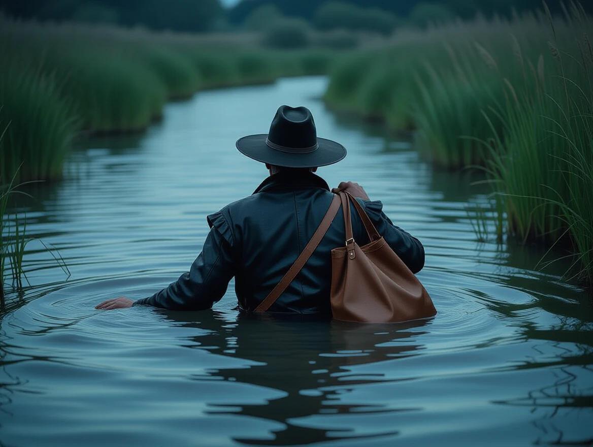 Humble persona from the 16th century holding a leather bag, standing in a swamp and starting to sink. Nighttime, eerie atmosphere.