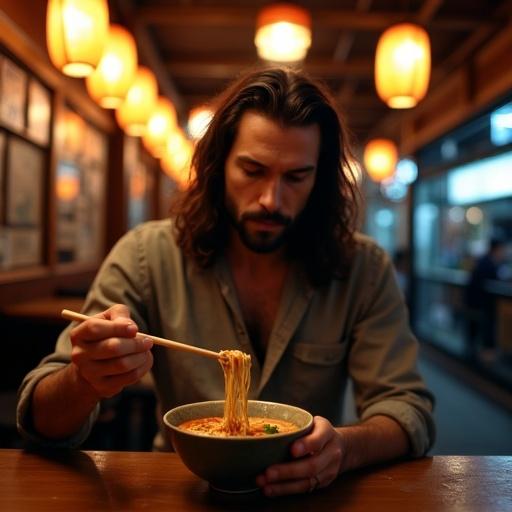 Close-up portrait of a man with long hair sitting in a cozy noodle shop at night in the city. Enjoying a steaming bowl of ramen with chopsticks. Rich broth shimmering under the warm glow of lanterns. Man wears a casual V-neck shirt, relaxed expression. Atmospheric lighting and soft jazz music in the background. Complex shadows create a moody ambiance.
