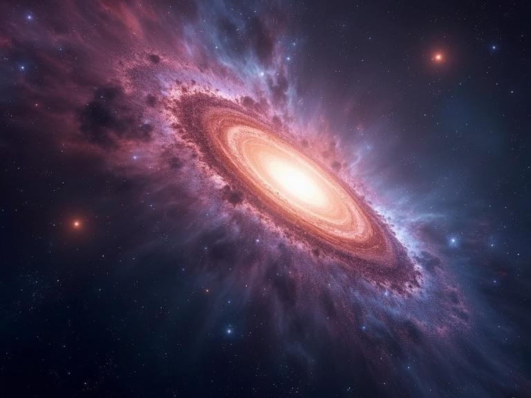 A galaxy view featuring a shining core with colorful nebulas and a prominent black hole