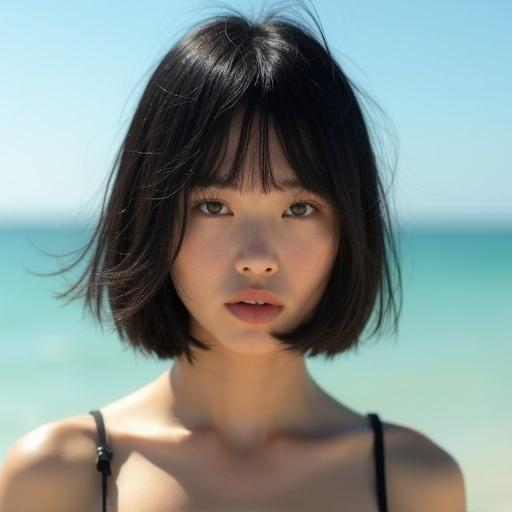 Young Japanese woman with dark straight bob hair at a sunny beach looking angry