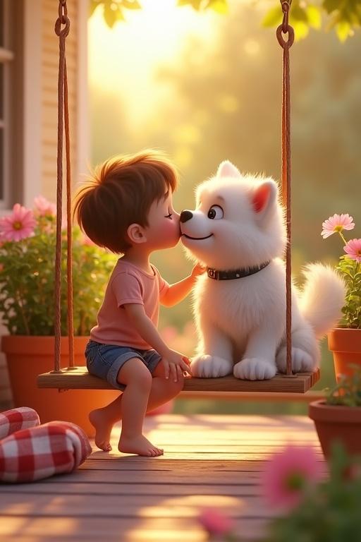 Cozy porch scene with warm light. A child sits on a swing. A fluffy white dog nuzzles the child. Colorful flowers and a checkered blanket are nearby. Bright and warm lighting with an emotional atmosphere.