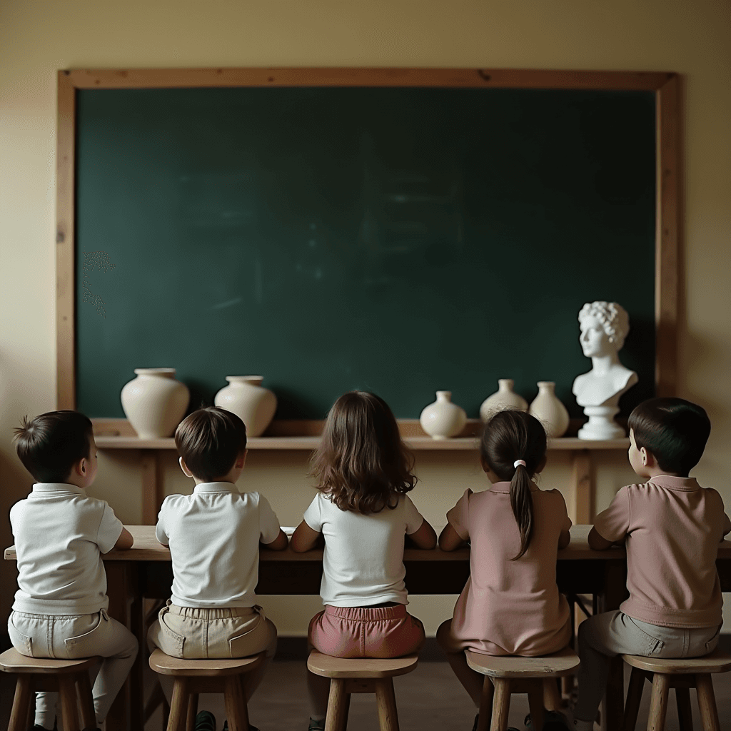 Children sit in a classroom facing a chalkboard, surrounded by sculptural busts and pottery.