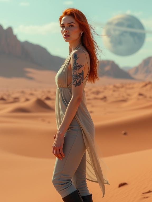 A slender woman with red hair in a sheer tunic and gray pants, standing on a reddish dune. She has black boots and bluish tattoos. Background shows a desert planet with a large moon.