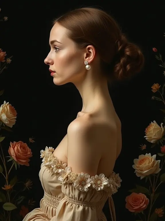 Woman in profile view wearing earrings with a pearl, turned toward the camera, surrounded by floral elements, black background, reimagination of classic art themes.