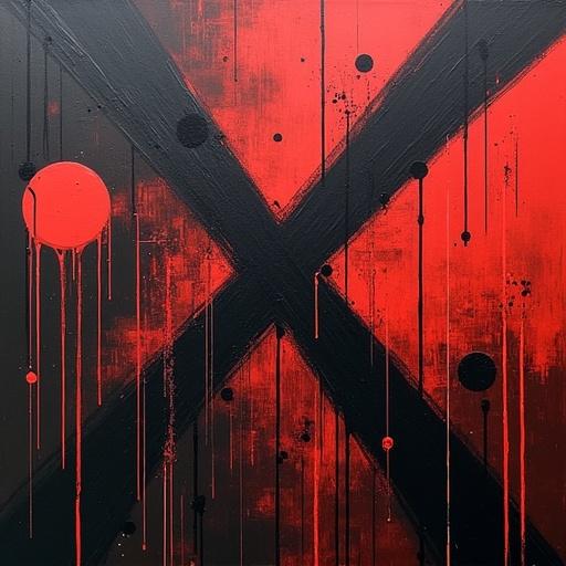 High quality image of an award-winning abstract painting. Minimalist style with black and crimson colors. Asymmetrical composition of lines and circles. Random dripping paint creates texture and depth. Large X symbolizes obsession with death. Evokes chaos and balance. Created in 1850 in London by a well-known Victorian artist. Measures 4 feet by 6 feet on canvas.