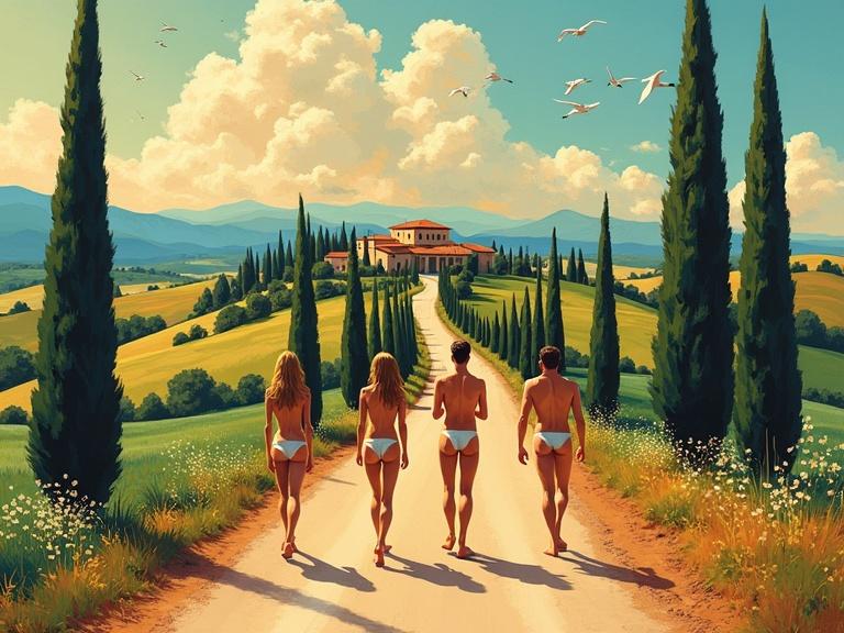 Close-up of nude figures walking along a road in Tuscany. Path lined with cypress trees leads to a villa. Bright summer day with vivid colors and birds in the sky. Inspired by Banksy and Kandinsky styles.