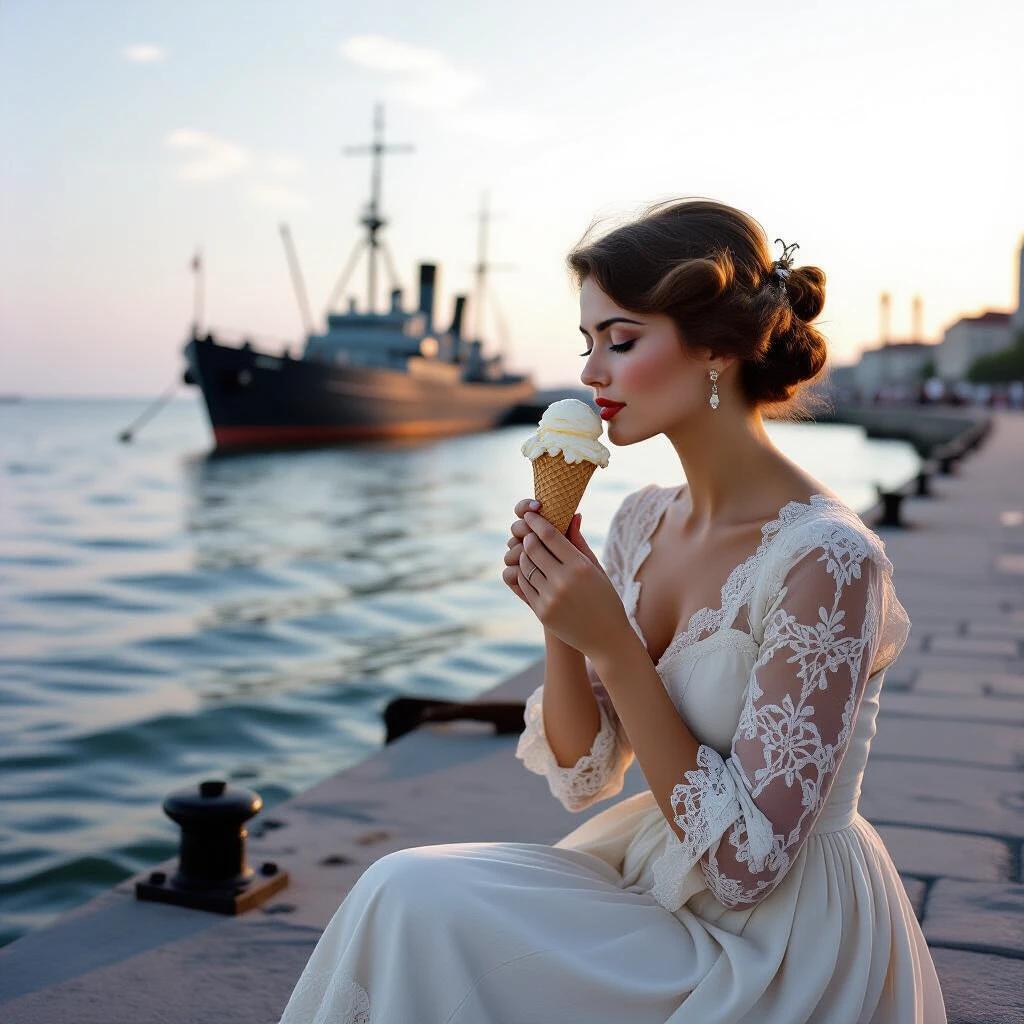 Photorealistic portrait of a woman on the Black Sea coast. She wears a knee-length lace dress and holds a simple vanilla ice cream cone. A U-boat is docked in the hazy background. The scene captures the essence of 1917 with a dramatic sunset and high contrast. The composition is focused on the woman's figure, with smooth bokeh lights behind her.