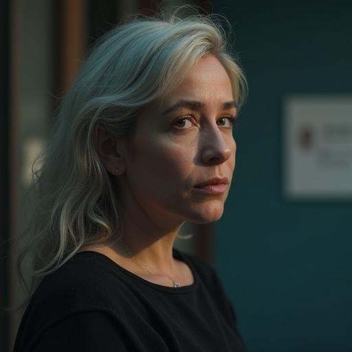 A person with long light hair wears a black sweater. The background suggests an office or waiting area. The atmosphere is tense with a sense of urgency. The setting reflects a countdown feeling related to work permit expiration.