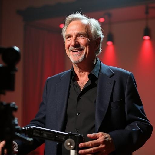Presenter of a reality show about 50-year-olds stands in front of a camera to kick off a challenge.