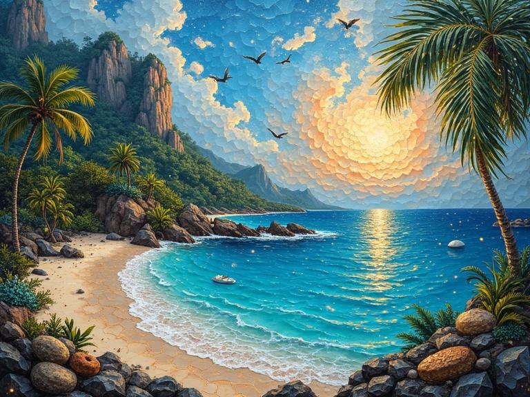 A tropical island scene with vibrant sea and ethereal atmosphere. Includes intricate gold details and pearls. The scene features a sunset with sparkling light effects.