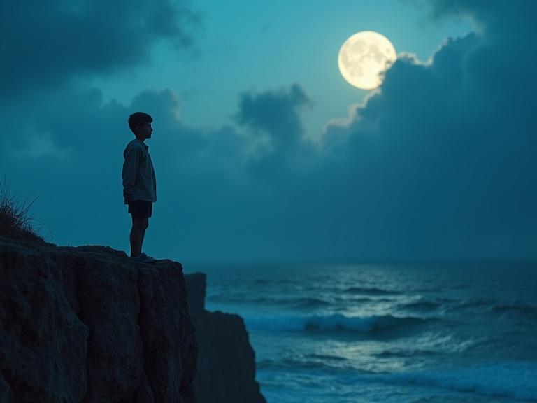 Cinematic portrait of a young boy standing on a rugged cliff overlooking the ocean. Dramatic lighting in cool blue tones fills the twilight sky. Warm golden light highlights the boy's face. The moon is backlighting the boy. The ocean churns below with restless waves.