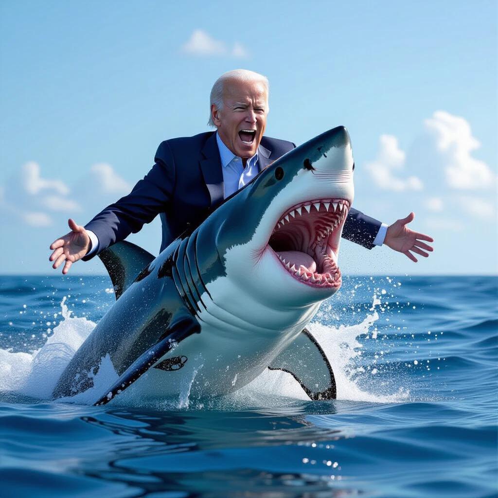 A figure in a suit is depicted on a great white shark jumping out of the ocean. The image shows a dramatic scene with splashing water. The figure has a fearful expression. The ocean is bright blue and the sky is clear.