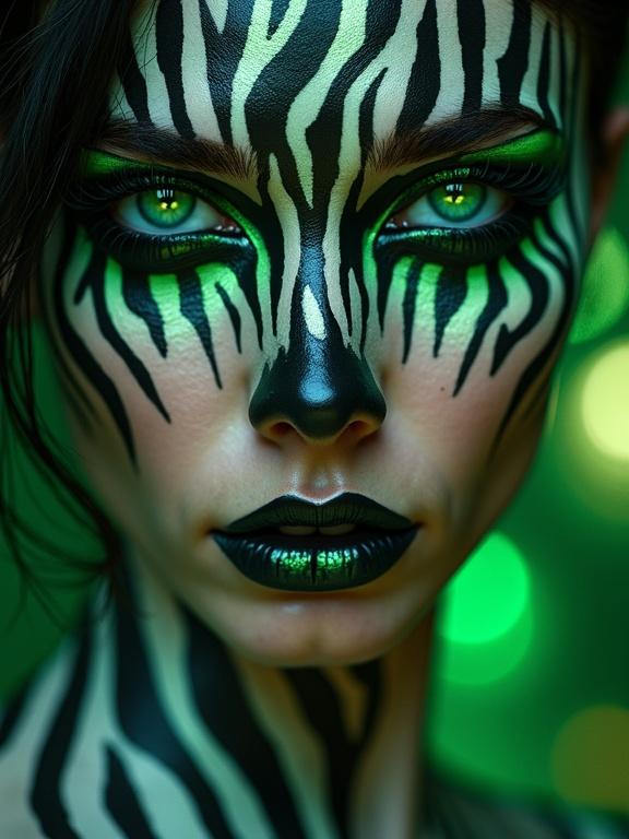 Close-up of a face painted in black and white stripes resembling zebra patterns. Luminous emerald-green eyes with intricate lashes. Subtle neon green accents around eyes and lips. Glossy green-black ombré lips. Smooth skin texture. Soft bokeh lights in the background under dramatic lighting.