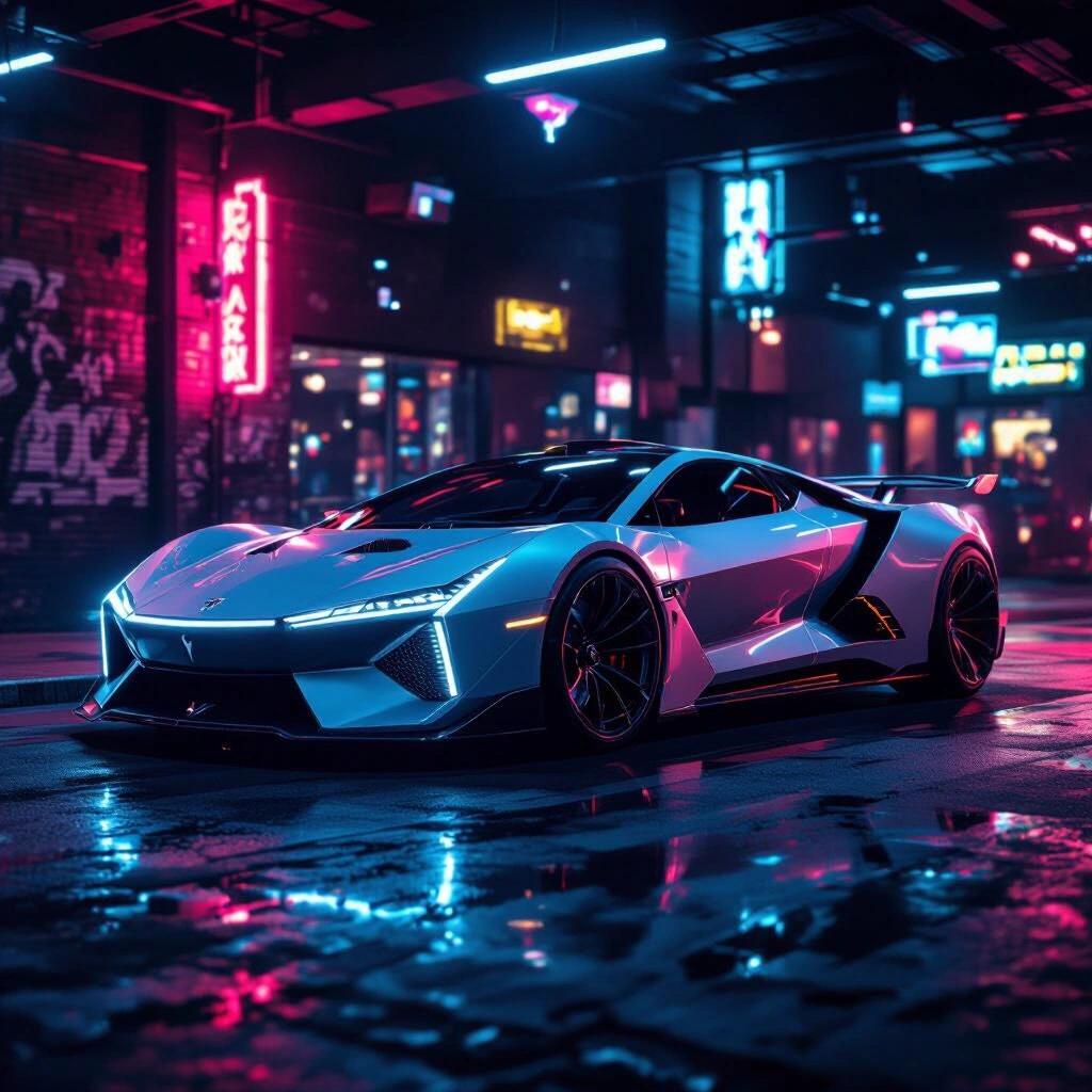 A parked futuristic car with angular design. Dual tone color scheme. Set in a dark, neon-lit showroom environment. Night setting with strong technology vibes. The car features deep engraved grooves.