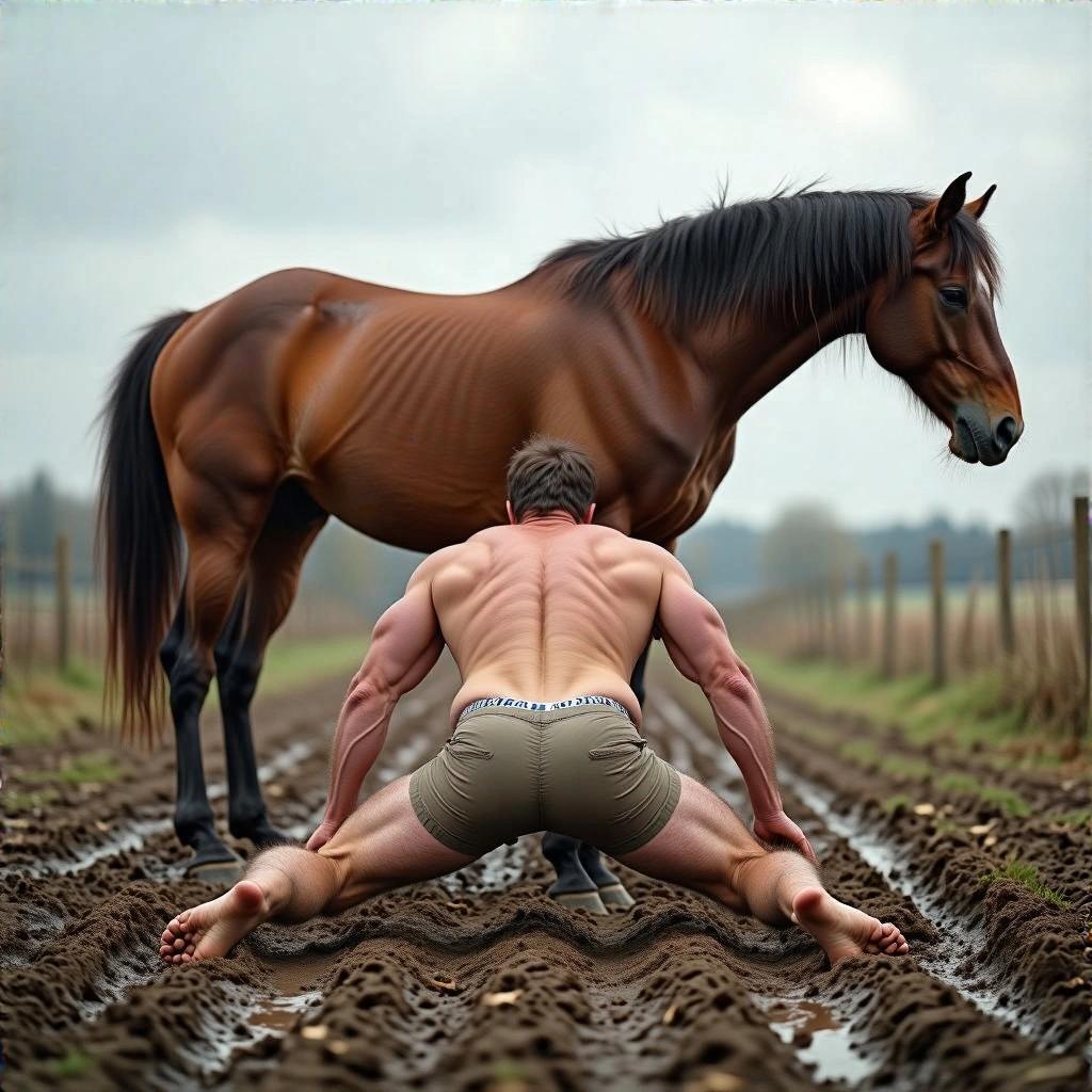 Human and horse interact in muddy field. Human on all fours under horse. Thick strong build visible. Rural setting with cloudy midday light. Hyperrealistic quality.