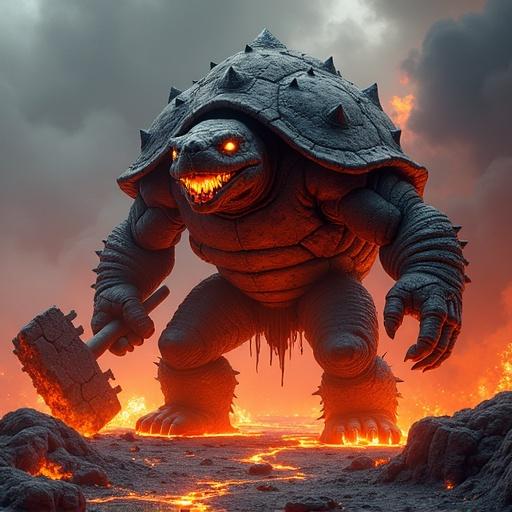 A massive anthropomorphic creature stands in a volcanic landscape. The body is made of black volcanic rock with glowing orange lava veins. The head is turtle-like with a fierce look. The eyes are fiery yellow-orange. A spiked shell covers its back. It wields a large stone hammer glowing with lava. Short legs are sturdy, partly submerged in lava. Smoke and ash swirl in the hellish background. The scene radiates primal power, reminiscent of a game boss or ancient deity.