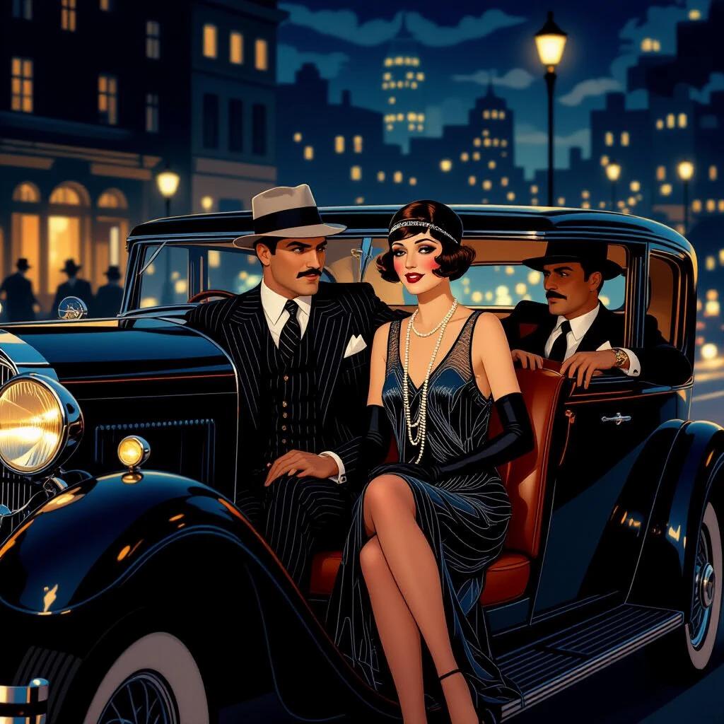 A beautiful short-haired flapper wearing a beaded dress sits in a vintage limousine. A man in a striped suit sits beside her. A black driver in a mustache drives the car. The background shows a night city with lights. Art deco style with realistic details.