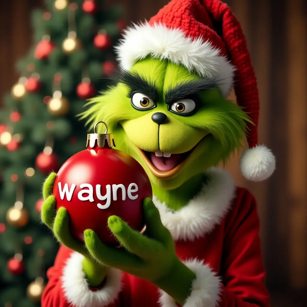 The Grinch holds a red Christmas ornament with the name wayne. The character has a festive appearance with a Santa hat. Christmas tree in the background.