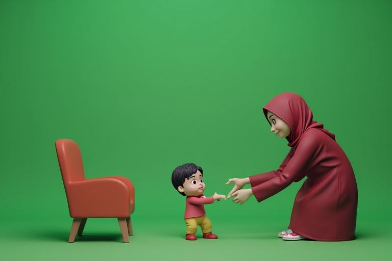 3D animated mother reaching out holding child's hand facing front with green screen background