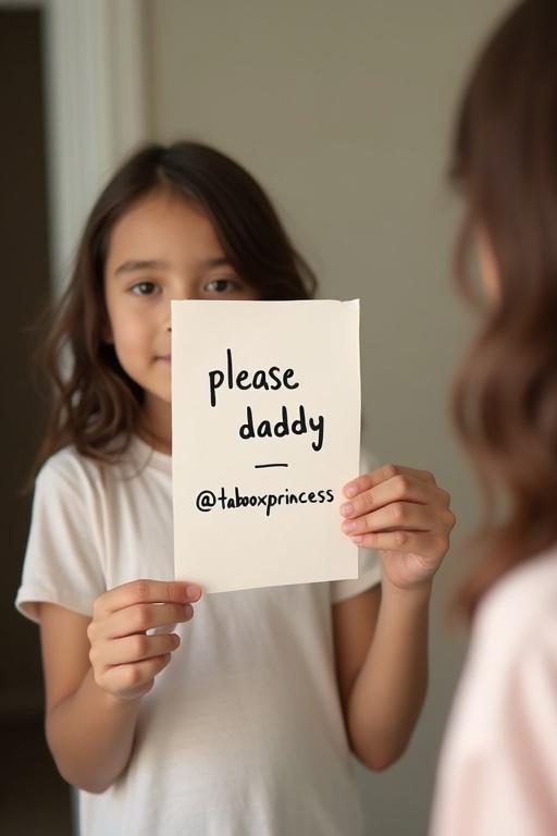 A petite girl holds a piece of paper in a mirror. The paper reads please daddy and includes @tabooxprincess. The girl stands in a neutral indoor space with soft lighting. The hand and paper are the main focus conveying a genuine, personal touch.