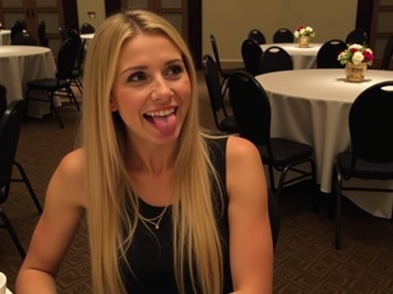 A woman with long blonde hair is sitting at a table in a banquet hall. She is wearing a black sleeveless dress and seems to be having a moment of fun. The ambiance around her is festive, with soft lighting and decorated tables in the background. In the foreground, she is playfully sticking her tongue out. The overall mood is lighthearted and cheerful.