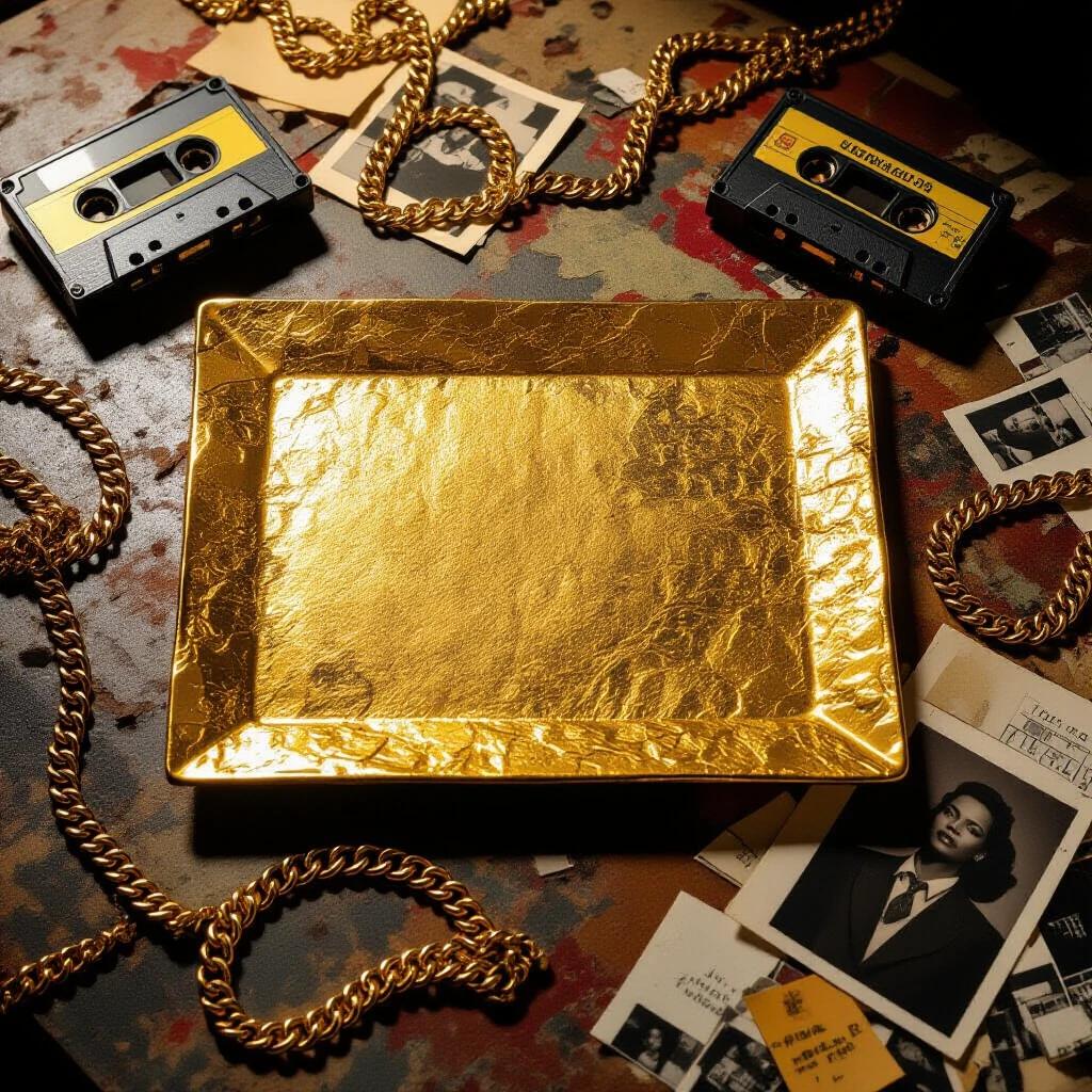 Gritty album cover featuring thick gold plate resting on messy urban table. Surrounding elements include cassette tapes, gold chains, torn papers and old photos. Warm dramatic lighting enhances depth. Style is street-luxury and cinematic.